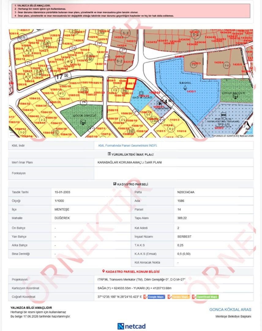 MUĞLA MENTEŞE DÜĞEREK MAH. SATILIK 389M² ARSA